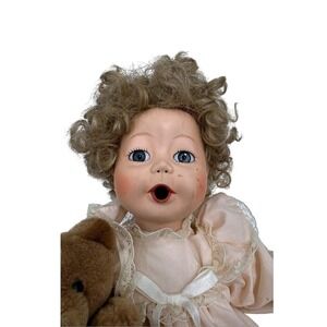 Vintage Porcelain Doll with Teddy Bear Blue Eyes Blonde Curly Hair